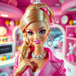A stylish and glamorous depiction of a person as a Barbie doll, featuring vibrant pink clothing, sparkling accessories, and perfect, shiny hair