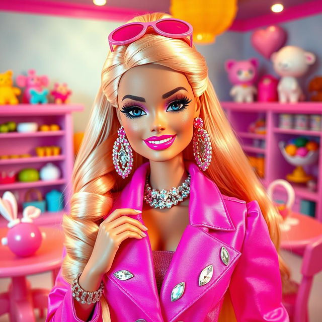 A stylish and glamorous portrayal of a person as a Barbie doll, featuring vibrant pink outfits, sparkling accessories, and flawless, shiny hair