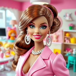 A stylish and glamorous portrayal of a person as a Barbie doll, featuring vibrant pink outfits, sparkling accessories, and flawless, shiny hair