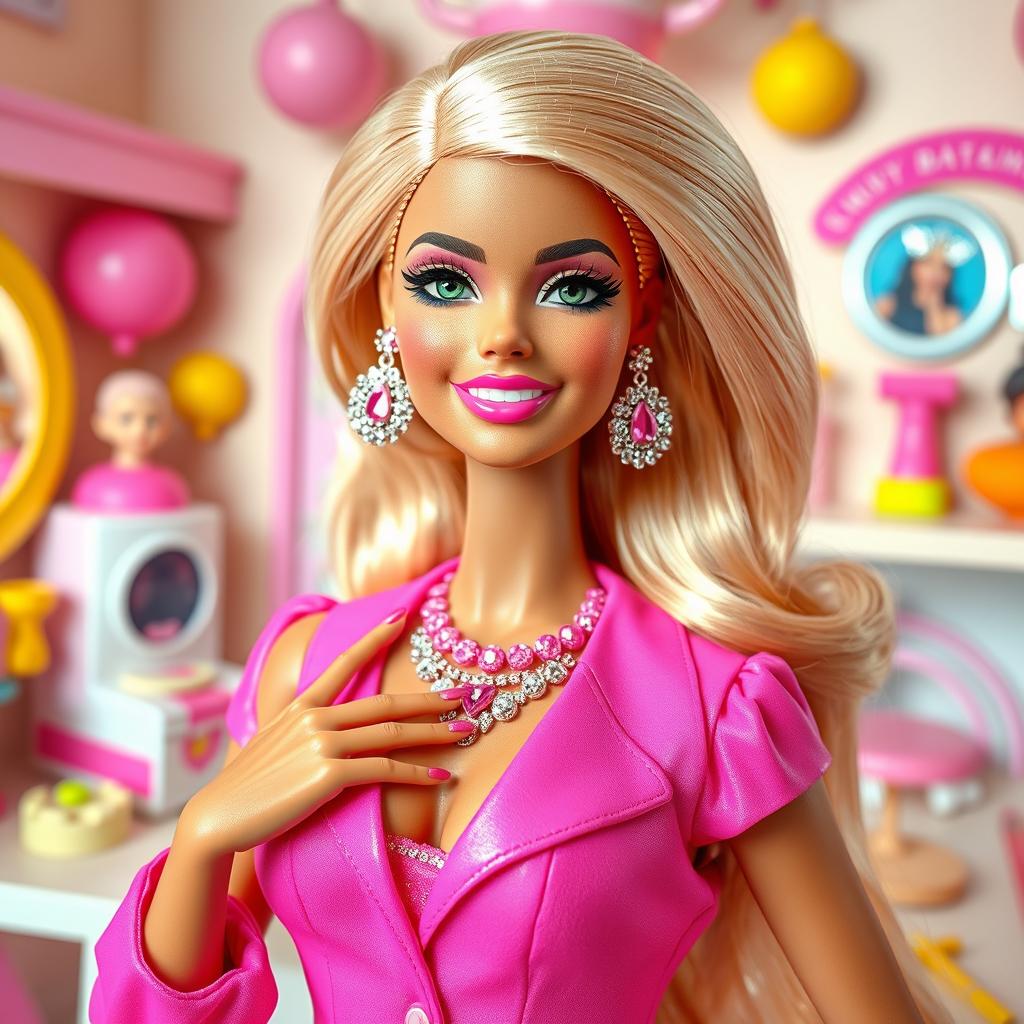 A stylish and glamorous portrayal of a person as a Barbie doll, featuring vibrant pink outfits, sparkling accessories, and flawless, shiny hair