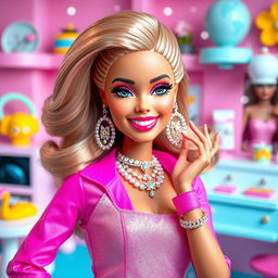 A stylish and glamorous portrayal of a person as a Barbie doll, featuring vibrant pink outfits, sparkling accessories, and flawless, shiny hair