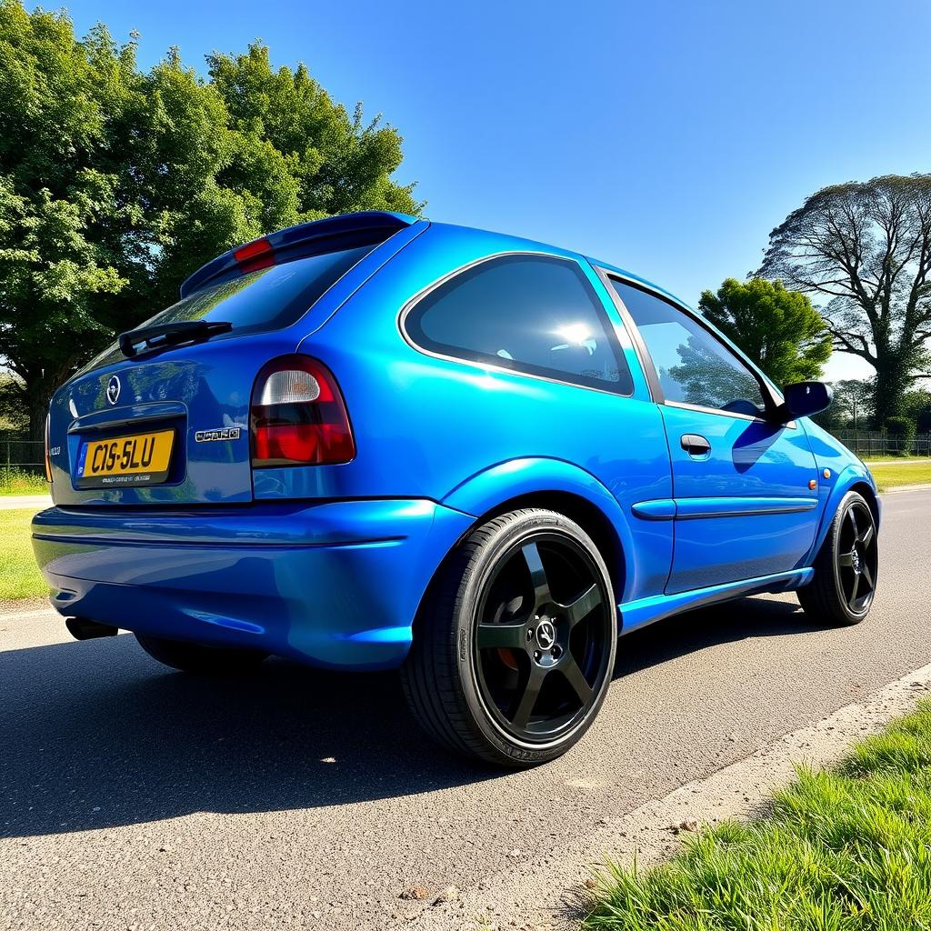 A 1999 Opel Corsa B in a vibrant blue color, featuring sleek black OZ alloy wheels with a glossy finish
