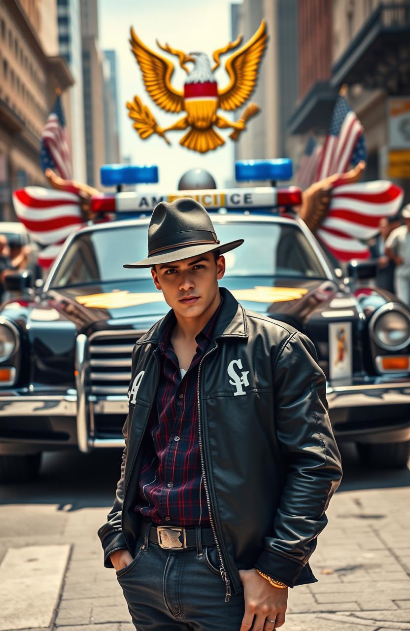 A powerful depiction of an imperial America, featuring a stylish police car adorned with the emblem of the American eagle