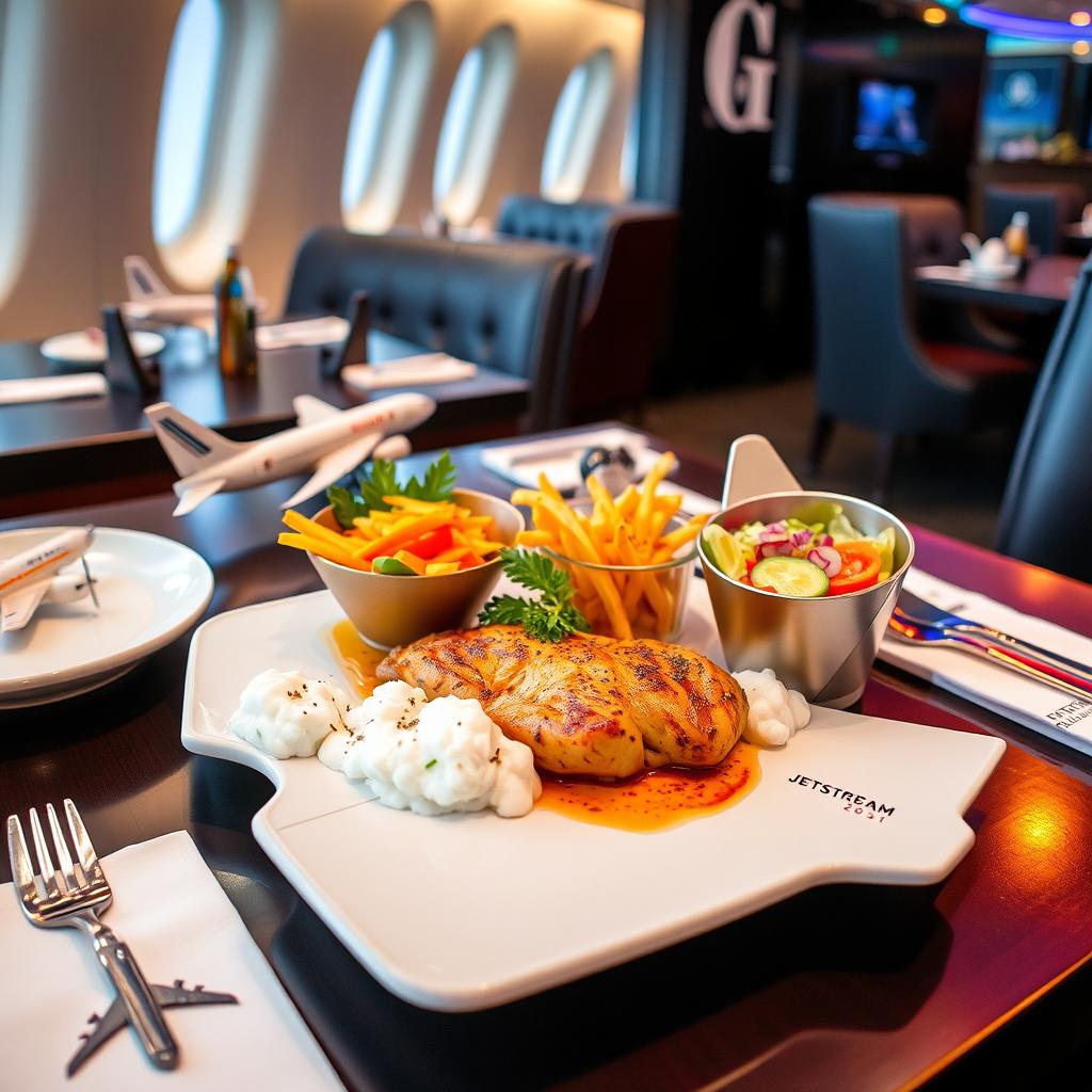 A beautifully presented dish on a table in an airplane-themed restaurant