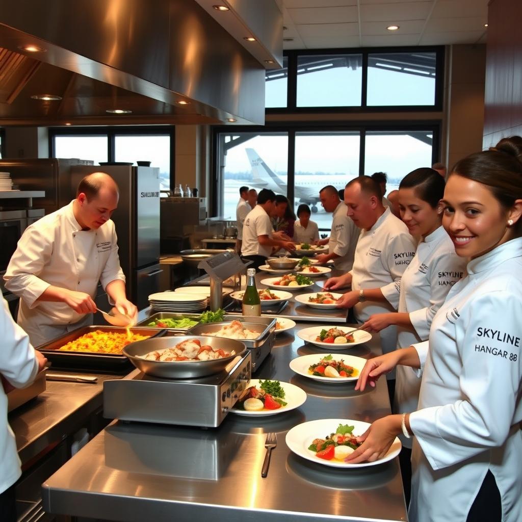 A bustling kitchen scene in a restaurant named 'Skyline Hangar 88', featuring chefs and staff wearing crisp white uniforms with embroidered logos of the restaurant on their jackets