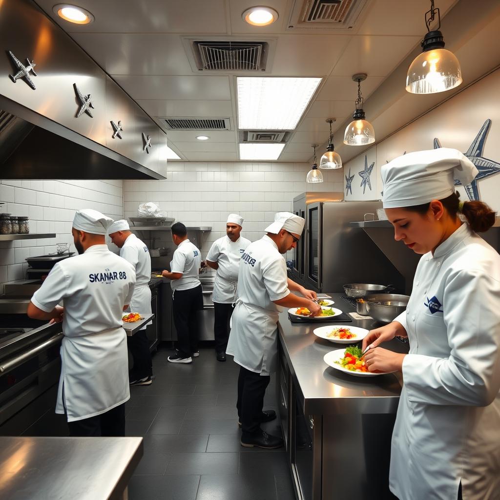 A lively kitchen interior of a restaurant named 'Skyline Hangar 88', showcasing chefs and staff in immaculate white uniforms featuring the restaurant's logo embroidered on their jackets
