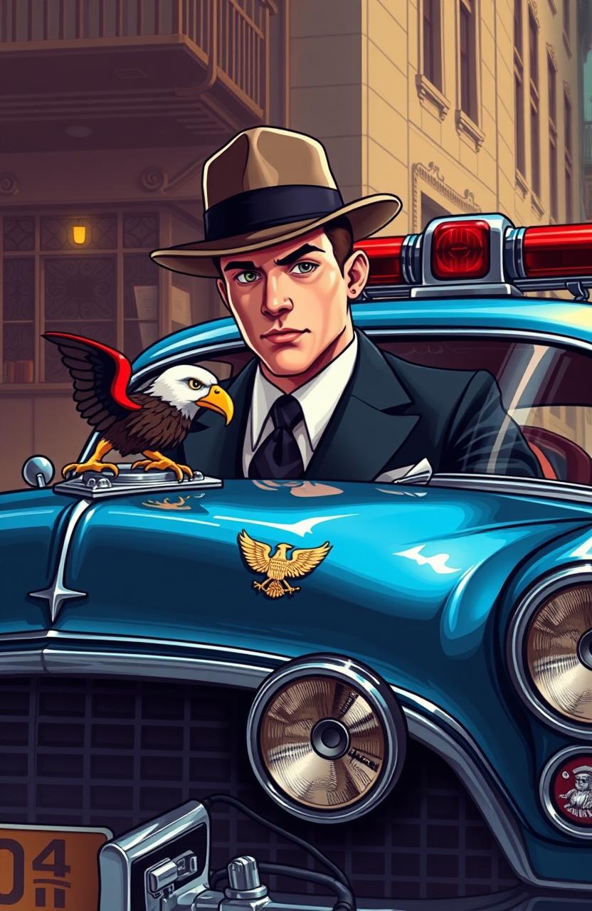 An imperial-themed artwork depicting a classic American police car adorned with an eagle emblem