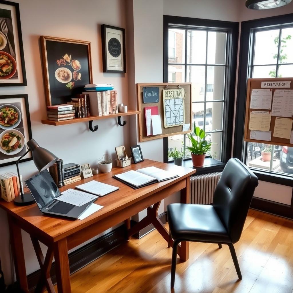 A cozy and stylish restaurant office, featuring a wooden desk with a laptop, paperwork, and an open planner