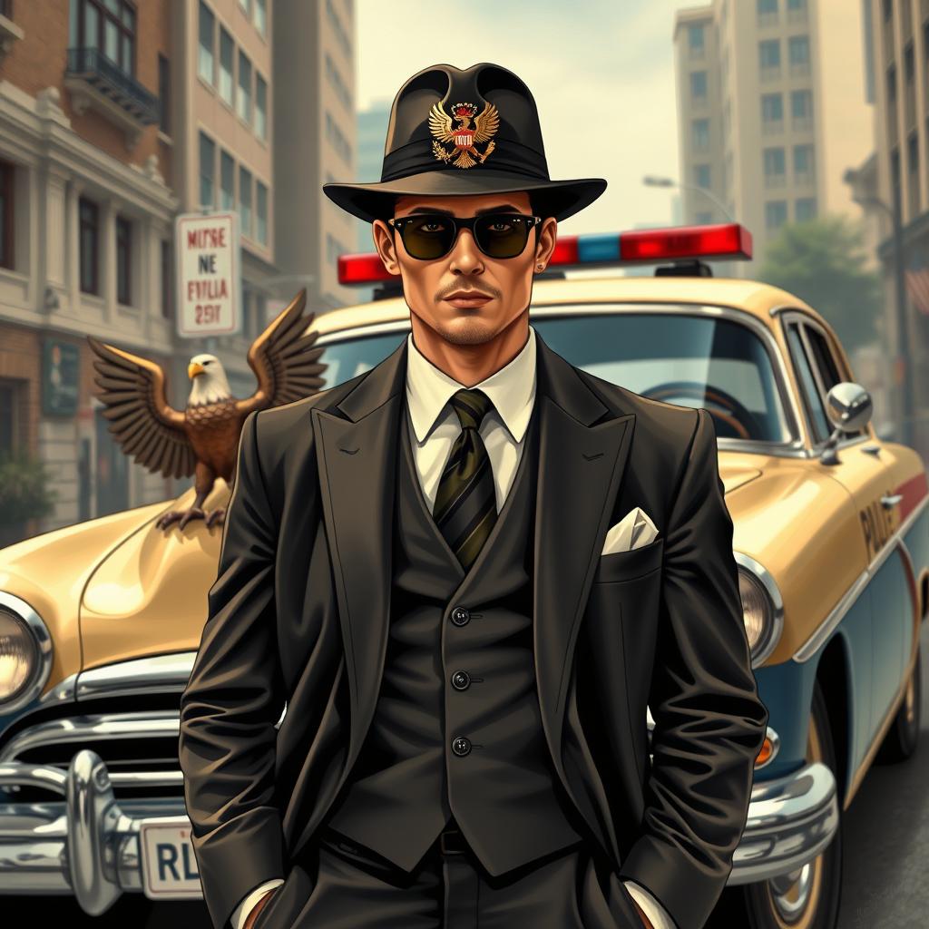 An artwork depicting an American monarchy theme featuring a classic police car adorned with an eagle emblem