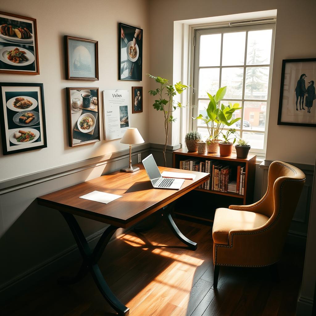 Um escritório aconchegante e elegante de restaurante, apresentando uma mesa de madeira com um laptop, papéis e um planejador aberto