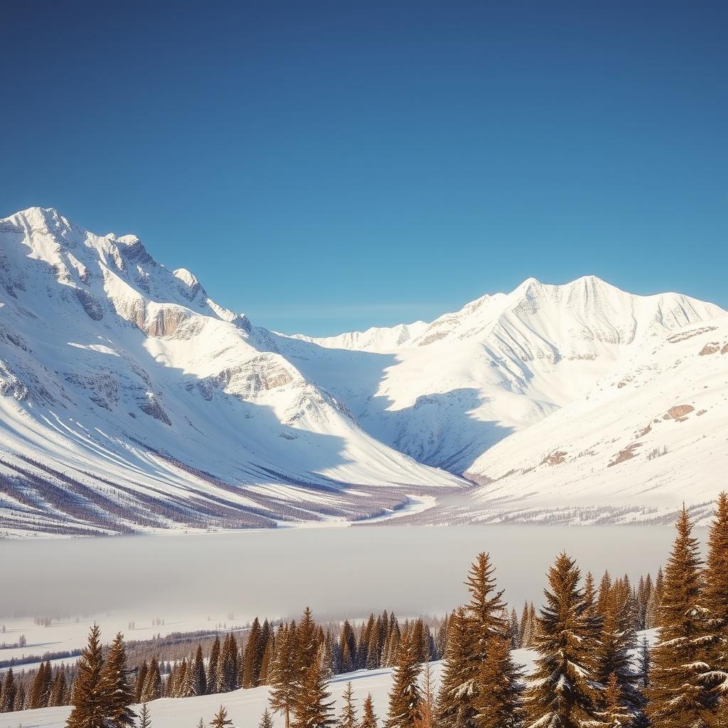 A stunning winter landscape showcasing majestic mountains blanketed in pristine white snow, with a clear blue sky overhead