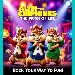 A lively and entertaining movie poster for 'Alvin and the Chipmunks: The Munk of Life', released in 2021