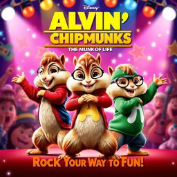 A lively and entertaining movie poster for 'Alvin and the Chipmunks: The Munk of Life', released in 2021