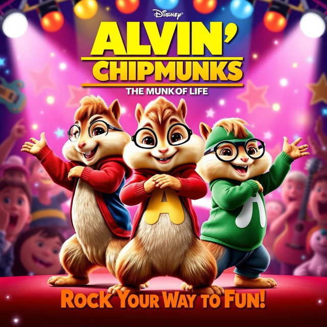 A lively and entertaining movie poster for 'Alvin and the Chipmunks: The Munk of Life', released in 2021