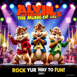 A lively and entertaining movie poster for 'Alvin and the Chipmunks: The Munk of Life', released in 2021