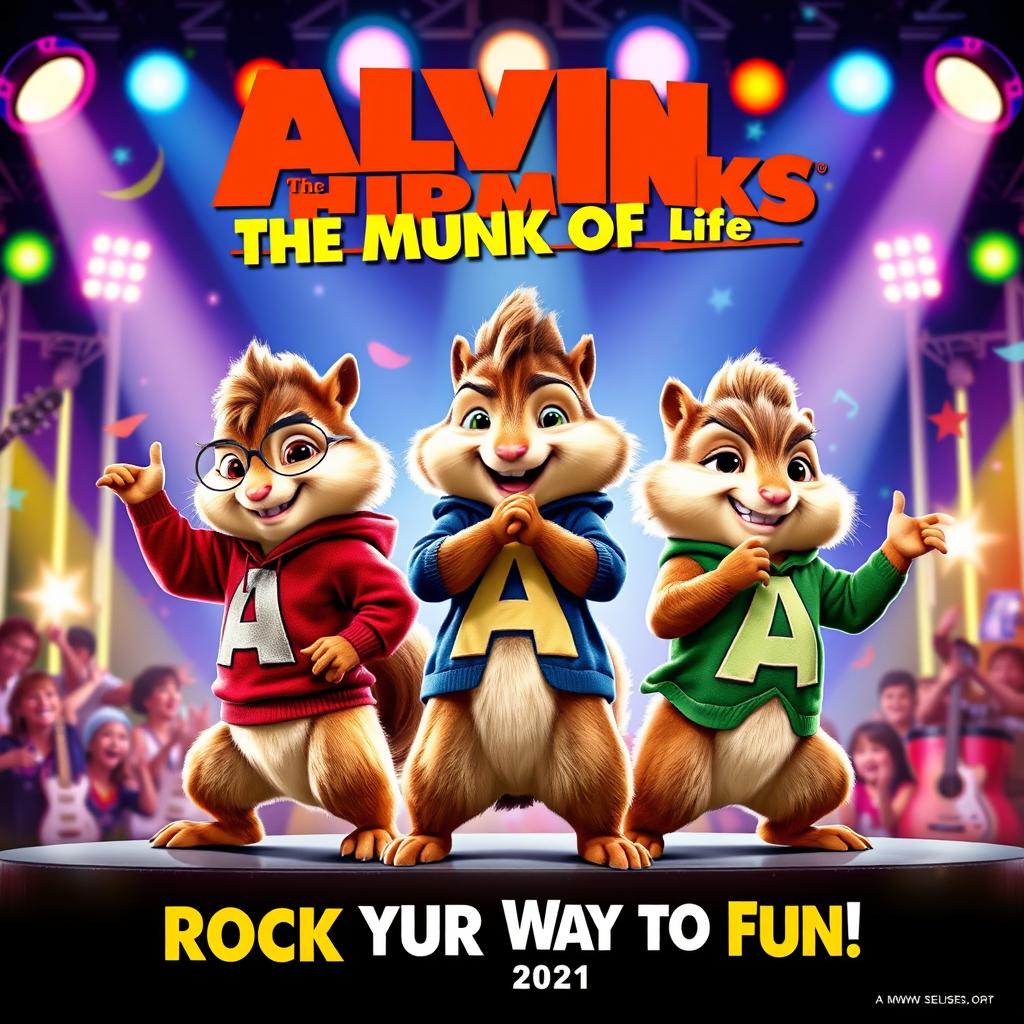 A lively and entertaining movie poster for 'Alvin and the Chipmunks: The Munk of Life', released in 2021