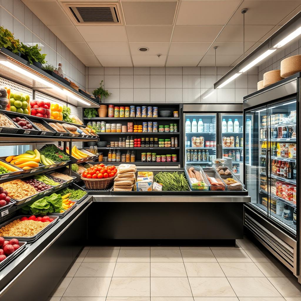 Um estoque de restaurante bem organizado e amplo, apresentando prateleiras metálicas cheias de alimentos frescos e secos, como frutas, vegetais, grãos, e enlatados