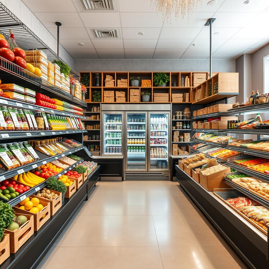 Um estoque de restaurante vasto e organizado, exibindo prateleiras altas de metal repletas de ingredientes frescos e secos, como frutas, vegetais, grãos, conservas e especiarias