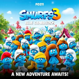 A whimsical movie poster for 'Smurfs 3: Blue Generation', released in 2021