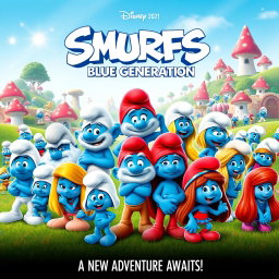 A whimsical movie poster for 'Smurfs 3: Blue Generation', released in 2021