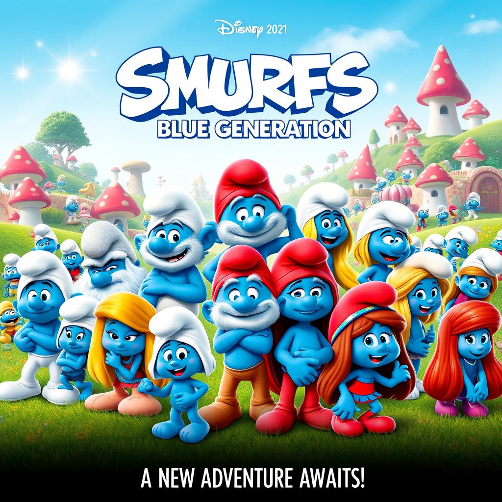 A whimsical movie poster for 'Smurfs 3: Blue Generation', released in 2021