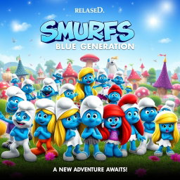 A whimsical movie poster for 'Smurfs 3: Blue Generation', released in 2021