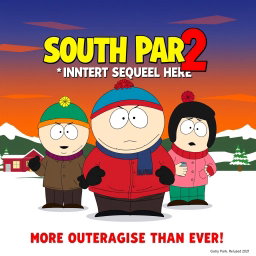 A satirical movie poster for 'South Park 2: *Insert Sequel Here*', released in 2021, featuring the iconic characters from the animated series: Stan, Kyle, Cartman, and Kenny