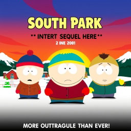 A satirical movie poster for 'South Park 2: *Insert Sequel Here*', released in 2021, featuring the iconic characters from the animated series: Stan, Kyle, Cartman, and Kenny