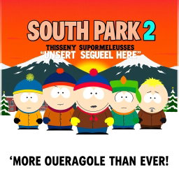 A satirical movie poster for 'South Park 2: *Insert Sequel Here*', released in 2021, featuring the iconic characters from the animated series: Stan, Kyle, Cartman, and Kenny