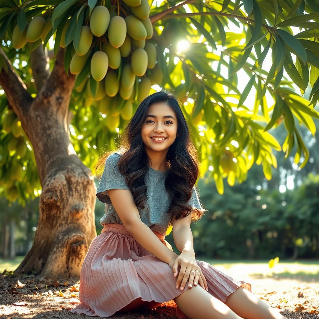 A cute Filipino girl with long, wavy dark hair is sitting under a lush mango tree in the Philippines