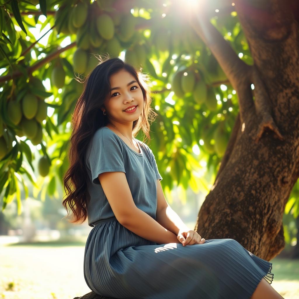 A cute Filipino girl with long, wavy dark hair is sitting under a lush mango tree in the Philippines