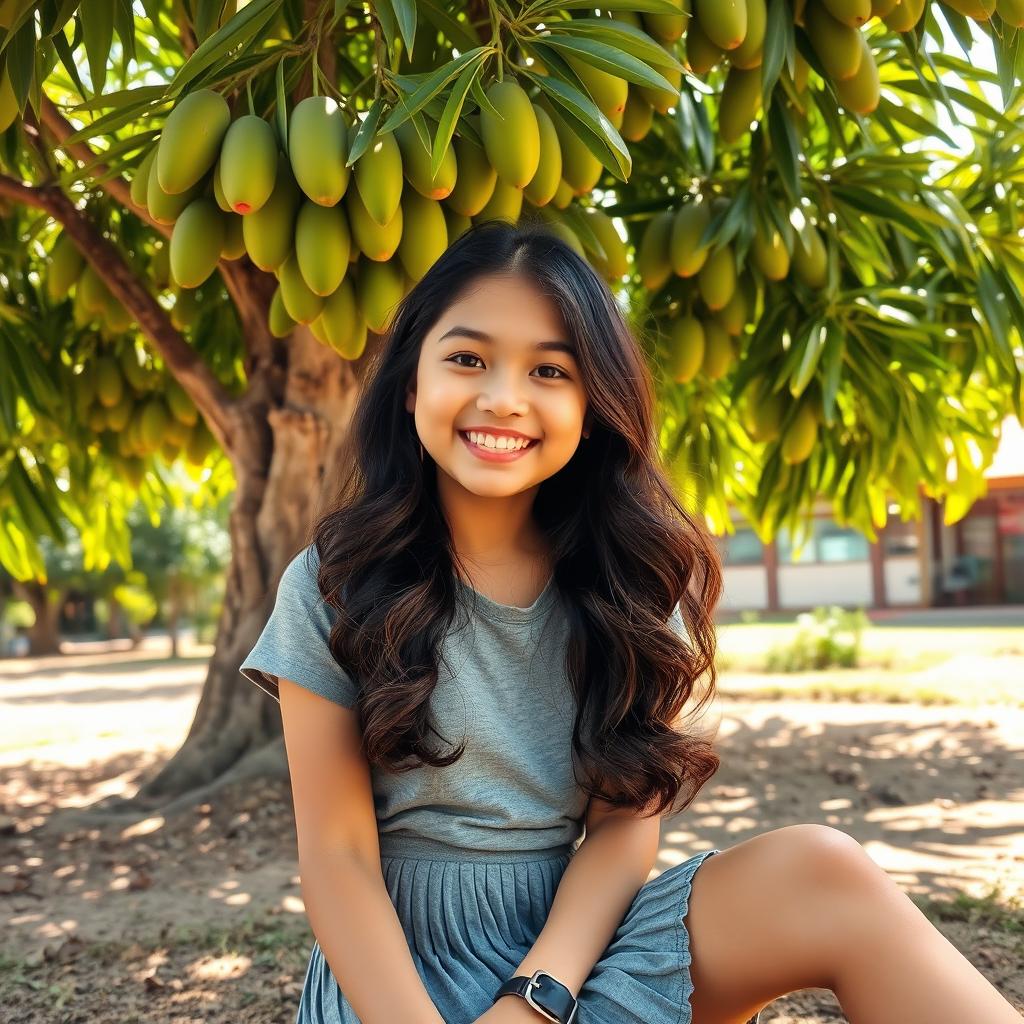 A cute Filipino girl with long, wavy dark hair, sitting under a lush mango tree in the Philippines on a hot summer day