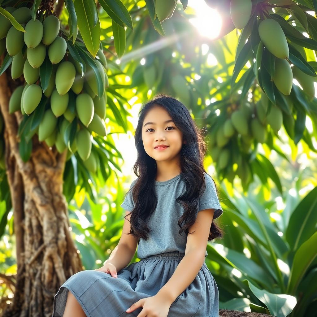 A cute Filipino girl with long, wavy dark hair, wearing a gray t-shirt and a pleated skirt, sitting peacefully under a lush mango tree in the Philippines on a hot summer day