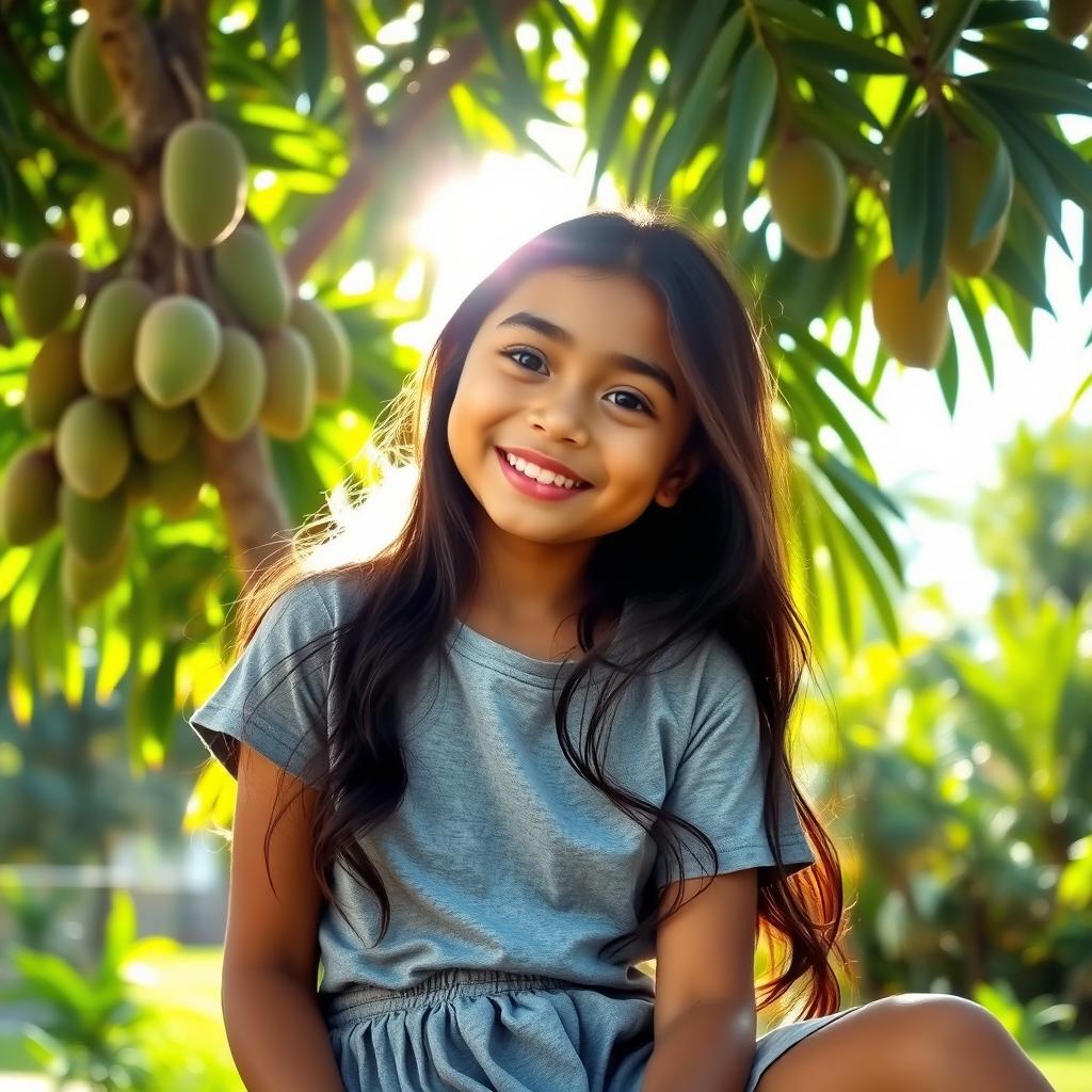 A cute Filipino girl with long, wavy dark hair, wearing a gray t-shirt and a pleated skirt, sitting contently under a mango tree in the sunny Philippines on a hot summer day