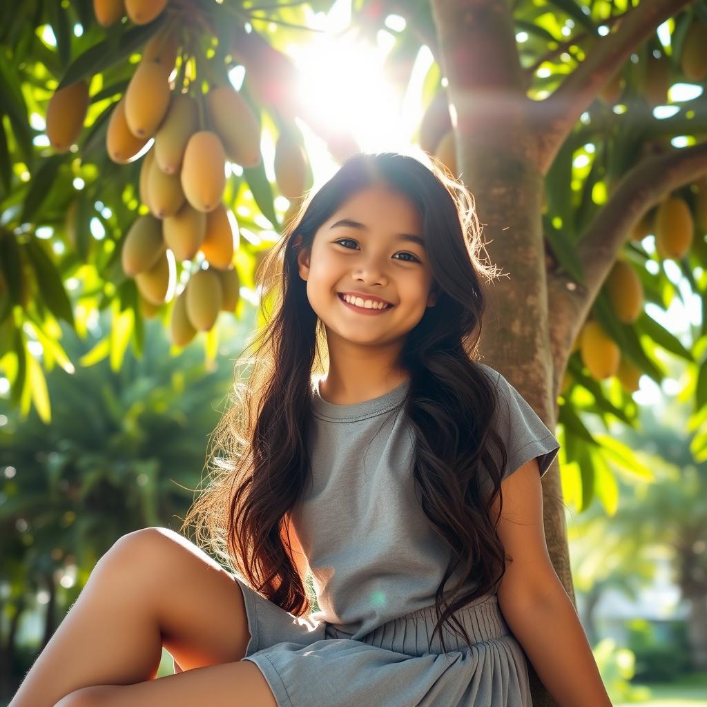 A cute Filipino girl with long, wavy dark hair, wearing a gray t-shirt and a pleated skirt, sitting gracefully under a mango tree in the sun-soaked Philippines during a hot summer day