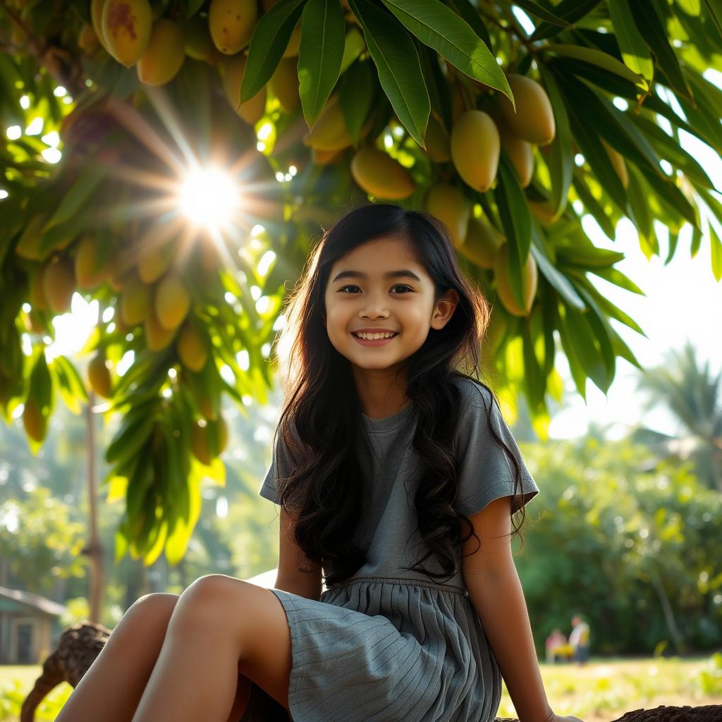 A cute Filipino girl with long, wavy dark hair, wearing a gray t-shirt and a pleated skirt, sitting comfortably under a mango tree in the Philippines during a hot summer day
