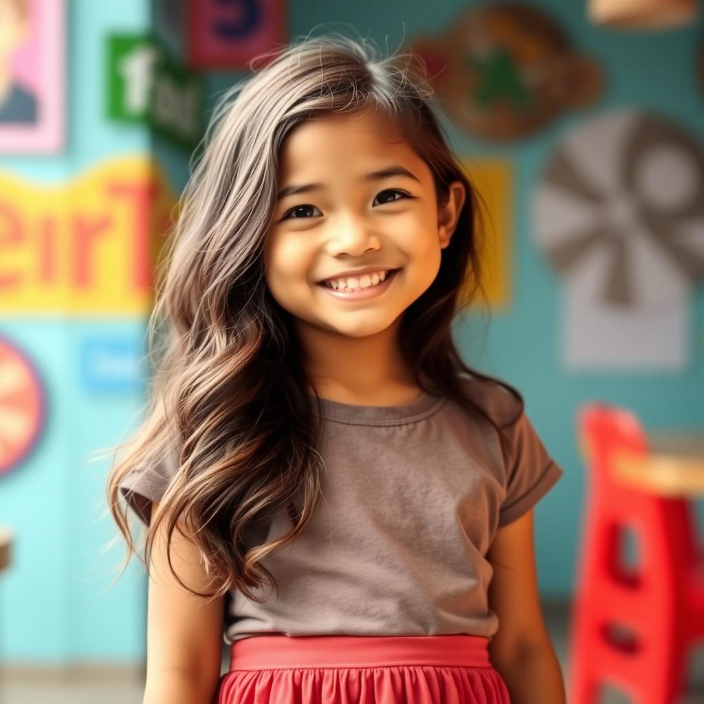 A charming Filipino girl with long, wavy hair and tan colored skin, wearing a casual t-shirt and a stylish pleated skirt above the knee