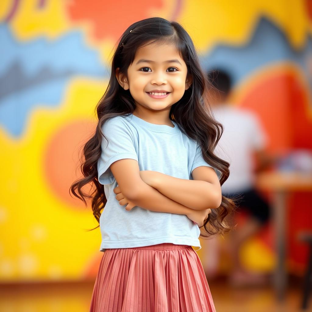 A charming Filipino girl with long, wavy hair and tan colored skin, wearing a casual t-shirt and a stylish pleated skirt above the knee