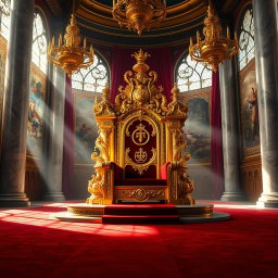An opulent and intricately designed golden throne adorned with precious gemstones and royal insignia