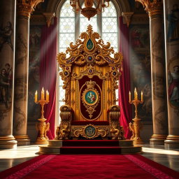 An opulent and intricately designed golden throne adorned with precious gemstones and royal insignia