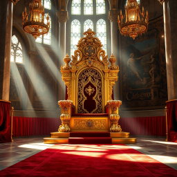 An opulent and intricately designed golden throne adorned with precious gemstones and royal insignia