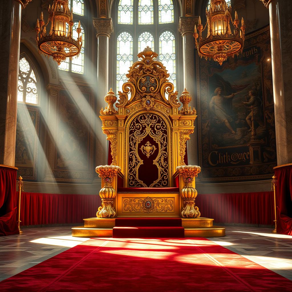 An opulent and intricately designed golden throne adorned with precious gemstones and royal insignia