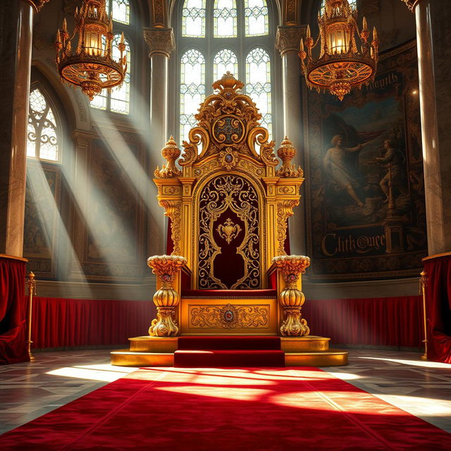 An opulent and intricately designed golden throne adorned with precious gemstones and royal insignia