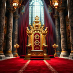 An opulent and intricately designed golden throne adorned with precious gemstones and royal insignia