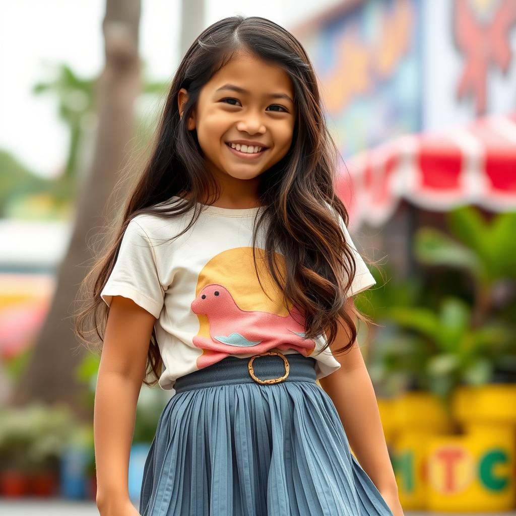 A Filipino girl with long, wavy hair and tan colored skin, wearing a casual t-shirt and a stylish pleated skirt above the knee