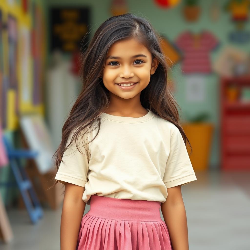 A 14-year-old Filipino girl with long, wavy hair and tan colored skin, dressed in a casual t-shirt and a trendy pleated skirt above the knee