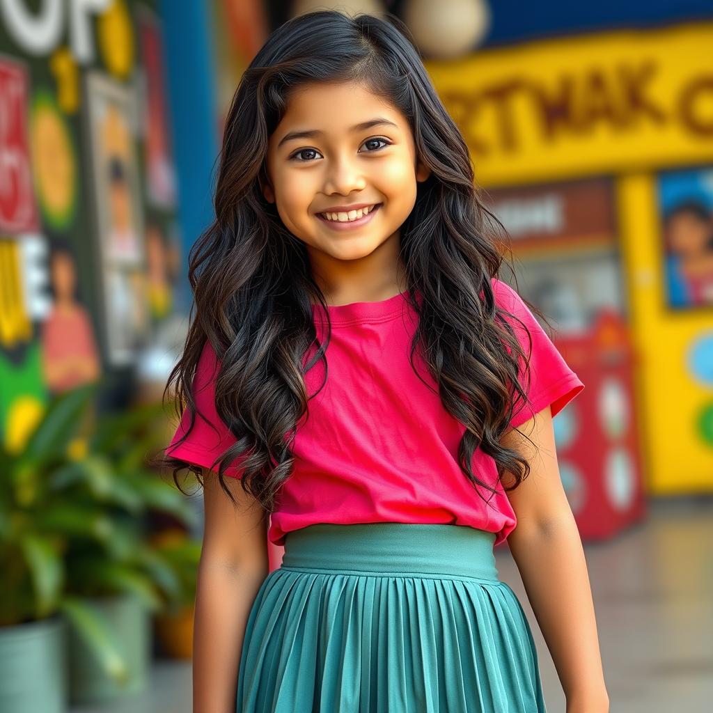 A 14-year-old Filipino girl with long, wavy hair and tan colored skin, wearing a casual t-shirt and a fashionable pleated skirt that falls just above the knee