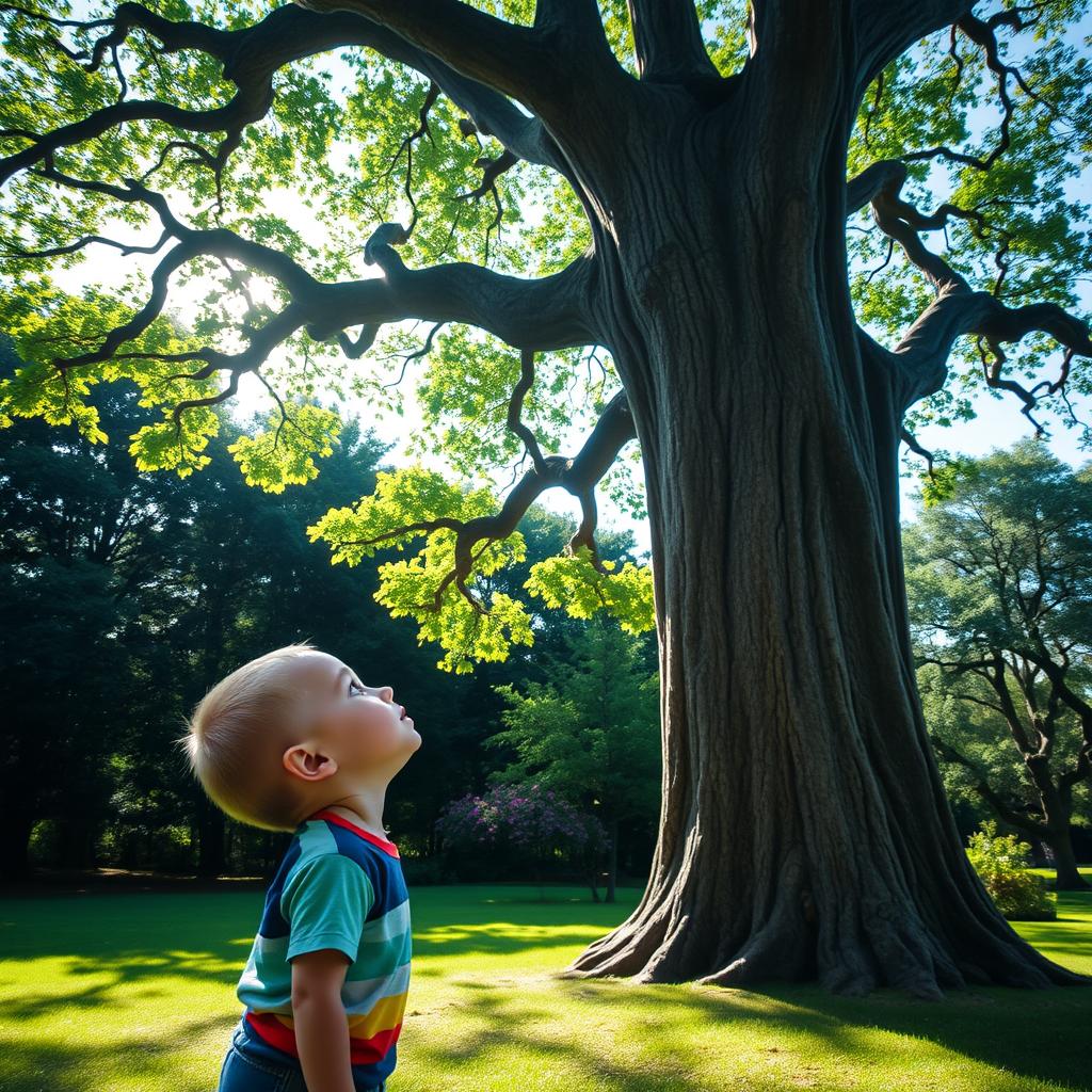 A young boy with an adventurous spirit gazing up at a tall, majestic tree in a lush green park