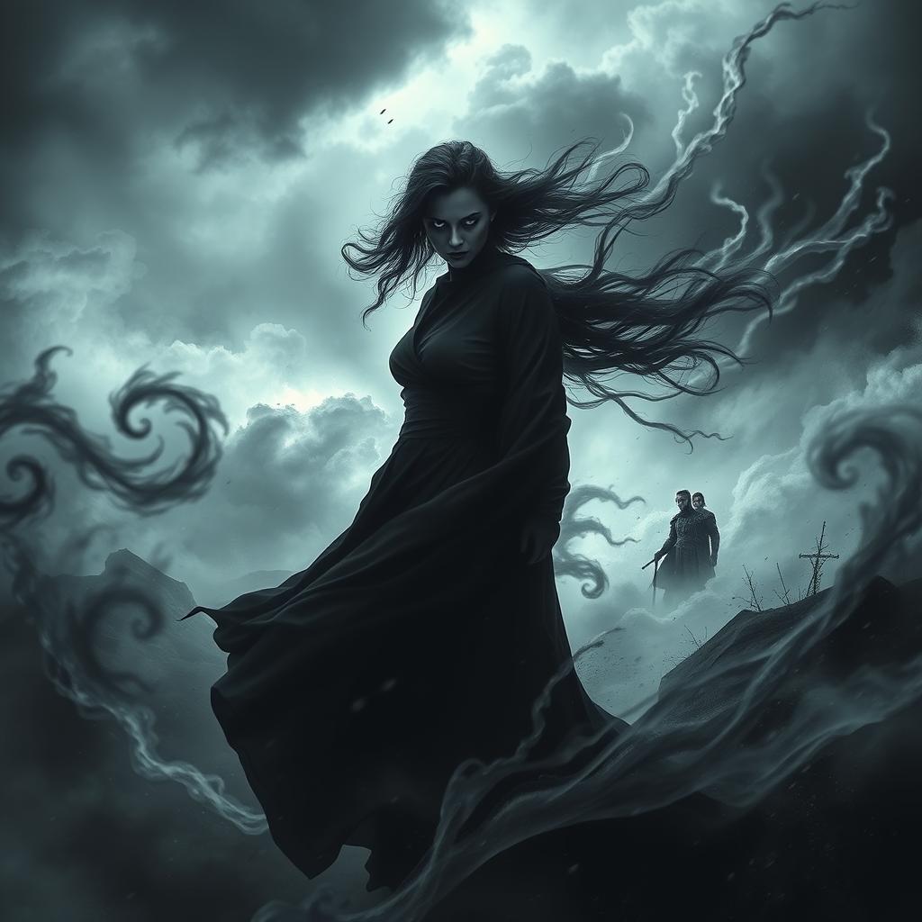 A mysterious female figure stands amidst swirling storm clouds, her silhouette skillfully blending with the shadows of the wind