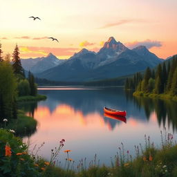 A serene landscape featuring a tranquil lake surrounded by lush greenery and majestic mountains in the background